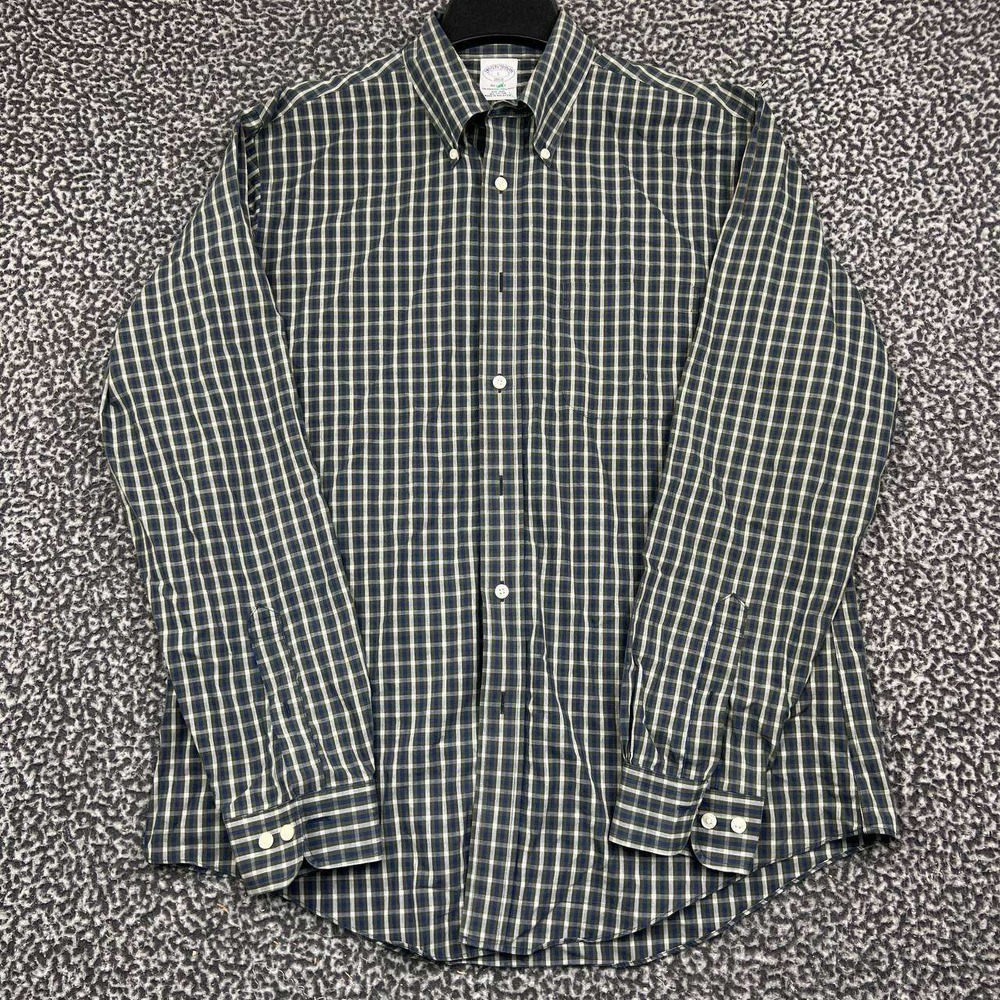 Brooks Brothers Button Down Shirt Men Large Green Blue Plaid Long Sleeve Cotton